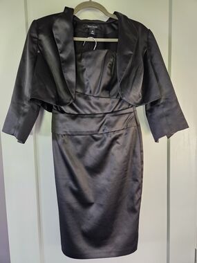 White House Black Market Black Satin Dress Jacket Set Strapless Sheath Formal